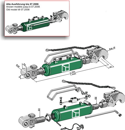KAT III Hydraulischer Oberlenker mit Fanghaken und Gelenkkopf 654-3-106 KAT III Hydraulischer Oberlenker mit Fanghaken und Gelenkkopf