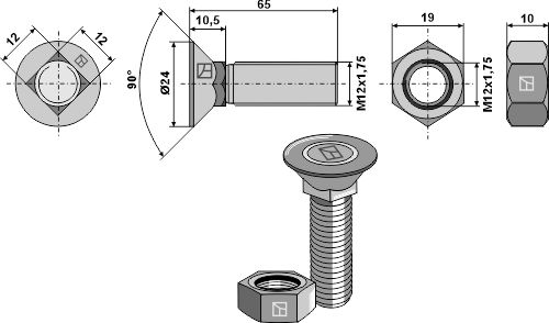 Pflugschraube DIN 608 - 12.9 M12x1,75x65 mit Sechskantmutter BL32690 Pflugschraube DIN 608 - 12.9 M12x1,75x65 mit Sechskantmutter