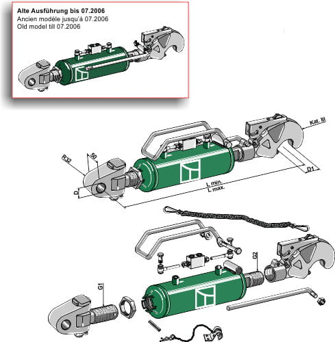 654-3-107 KAT III Hydraulischer Oberlenker mit Fanghaken und Gelenkkopf